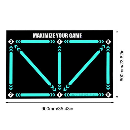 Gaming mat with turquoise arrows and text 'Maximize Your Game' on a black background, with dimensions displayed.